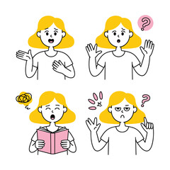 Confused and Thinking Woman with Book and Gestures in Flat Vector Illustration
