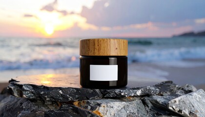 Black Balm Jar with Wooden Lid on Rocky Beach at Sunset
