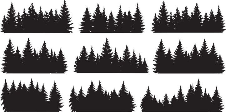 Three horizontal rows of dense pine and fir tree silhouettes in black vector style, evenly spaced against a transparent background