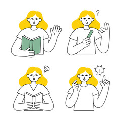 Woman Reading Book and Showing Different Gestures in Flat Vector Illustration
