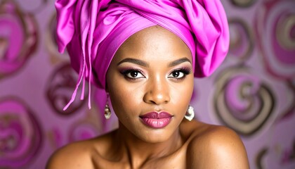 Close-up portrait of a woman with vibrant pink headwrap