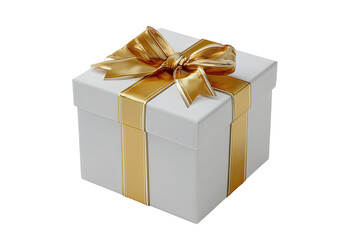 A square white gift box with gold ribbon and bow