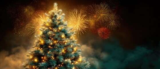 Fototapeta premium Festive Christmas Tree with Sparkling Lights and Colorful Fireworks Display on a Winter Night