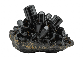 Black tourmaline crystal cluster isolated on transparent background