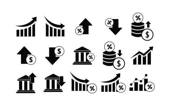 Set of low and high interest rate icons. Percentage, growth, decline, mortgage, loan, and finance symbols with up and down arrows for banking and economics. Vector illustration.