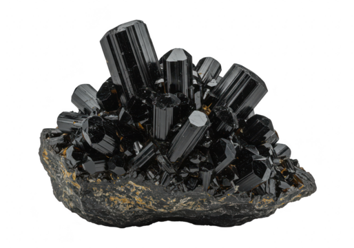 Black tourmaline crystal cluster isolated on transparent background