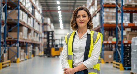Portrait of a confident female warehouse manager wearing a safety vest, smiling at the camera in a large distribution center aisle