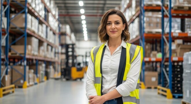 Portrait of a confident female warehouse manager wearing a safety vest, smiling at the camera in a large distribution center aisle - Powered by Adobe