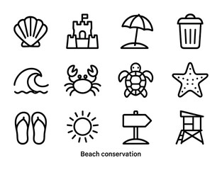 Naklejka premium Beach Conservation Icons. Outline icon set of beach conservation: seashell, sandcastle, umbrella, trash bin,