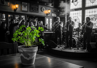 Potted Shamrock Plant in Irish Pub with Live Music and Celebration