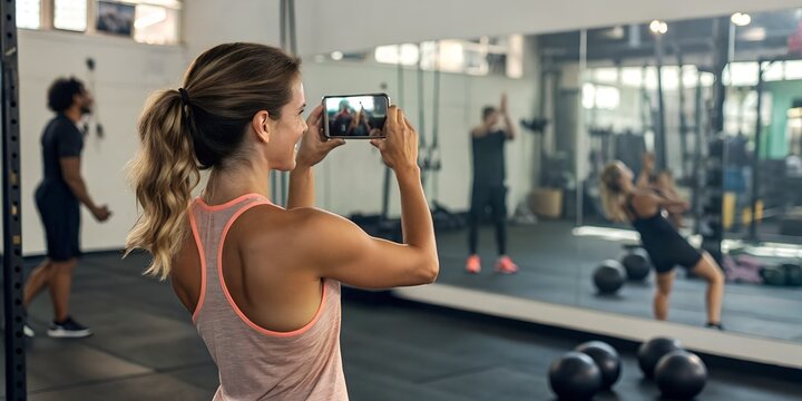 Fitness enthusiast recording workout at gym with smartphone, casual real vibe, authentic UGC content