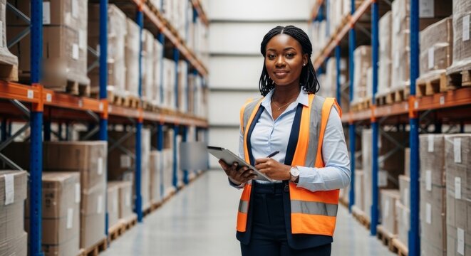 Dedicated Warehouse Professional Conducting Inventory Check with Digital Tablet, Ensuring Efficient Logistics and Supply Chain Management in a Modern Facility - Powered by Adobe