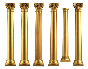 Golden Antique Columns Isolated on Transparent Background Displaying Architectural Design and Luxurious Decorative Elements