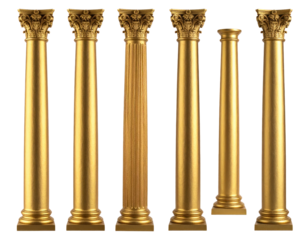 Golden Antique Columns Isolated on Transparent Background Displaying Architectural Design and Luxurious Decorative Elements
