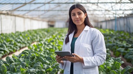 Scientist in greenhouse with tablet