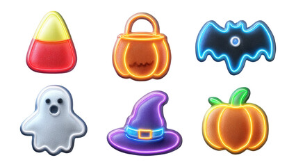 Fototapeta premium Colorful Halloween Icons Set with Candy, Ghost, Pumpkin, and Bat