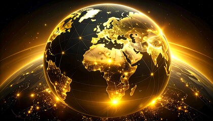 Golden globe of the Earth, highlighted by a network of lines and glowing lights