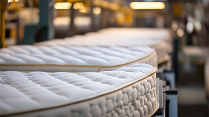 Mattress Manufacturing Process: Witness the precision of modern industry as meticulously crafted mattresses move along an automated production line.