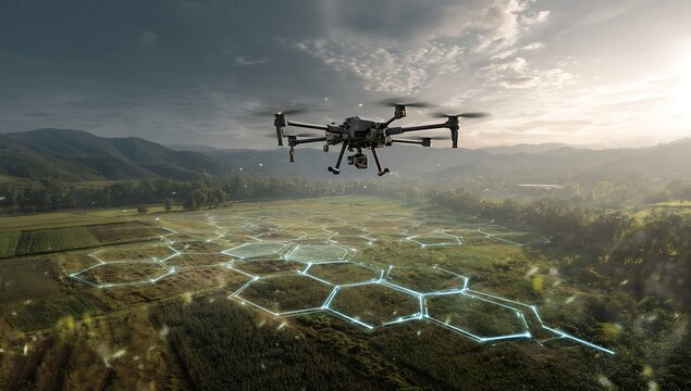Advanced drone technology overseeing a futuristic agricultural landscape