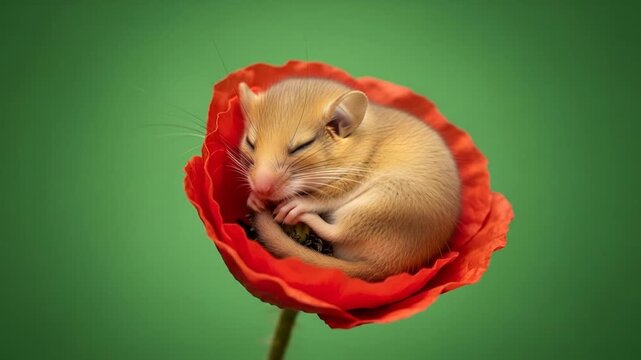 Adorable Dormouse Snuggled Comfortably Inside a Vibrant Red Poppy Flower Animation