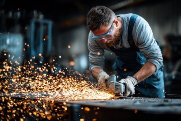 Focused factory worker using angle grinder on metal surface, wearing protective gear, as bright sparks fly in a dim workshop.