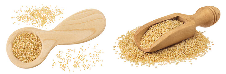 Amaranth grain seeds in wooden spoon and scoop isolated on white background. Top view. Flat lay