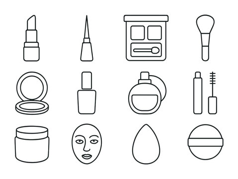 Beauty Icons Grid. Outline icon set of beauty and makeup diversity: lipstick, eyeliner, face palette, blush