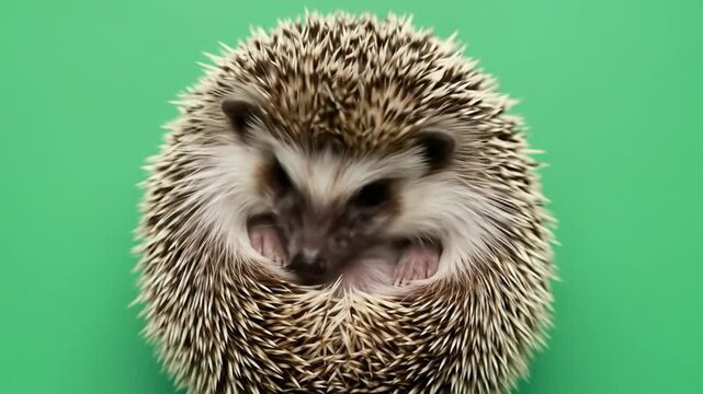 Adorable hedgehog uncurling on a green screen background offering visual delights