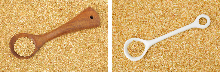 Amaranth grain seeds in wooden and ceramic spoon as a background. Top view. Flat lay