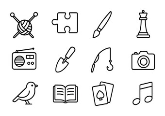 Obraz premium Senior Hobby Icons. Outline icon set of senior hobbies and activities: knitting needles, puzzle piece,