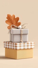 Charming Gift Boxes Stacked with Autumn Leaves on a Soft Beige Background
