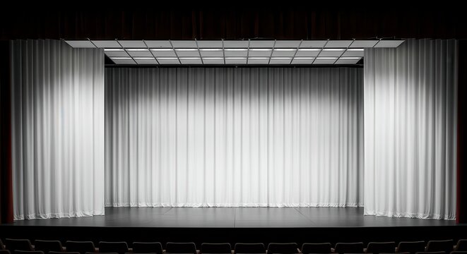 Bright theatre stage with white curtain and large copy area; versatile event background for conference branding, performing arts and product keynotes