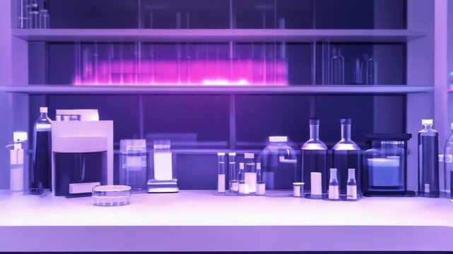 Modern laboratory with neon lights shining on glassware and equipment