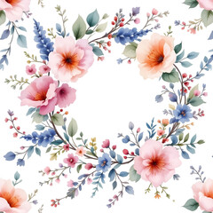 Obraz premium Watercolor floral pattern hand-painted wildflowers and leaves with ribbon on background for wallpaper&nbsp;and&nbsp;fabric