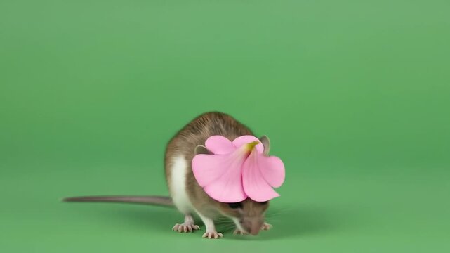 Charming Deer Mouse Wears a Pink Flower Hat and strikes Adorable Poses on a Green Backdrop