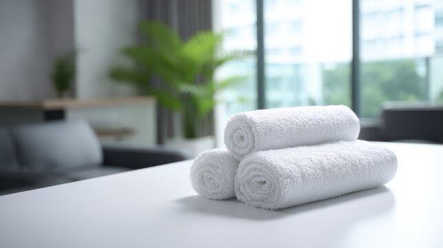 Beautiful photo of neatly rolled white towels on a white table, soft texture, clean and minimalist style, blurred living room background, f/5.6, even studio lighting.