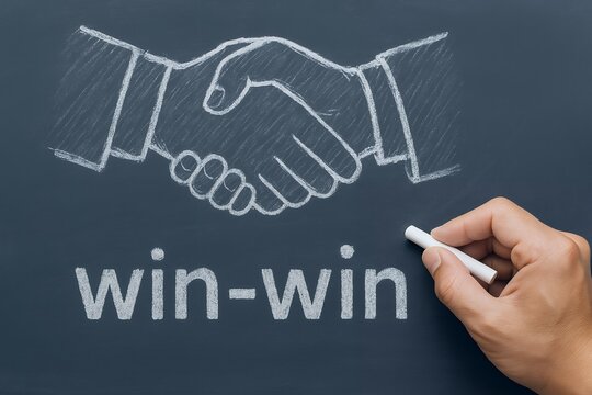 黒板に握手とwinwinを書いたビジネス成功のイメージ