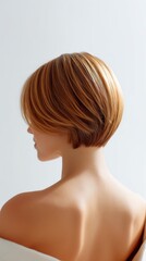 Fototapeta premium Stylish short bob haircut with warm tones on a woman captured from the back in a minimalistic setting.