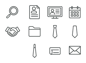 Job Hunting Icons. Outline icon set of job hunting: magnifying glass, resume, computer screen, calendar,