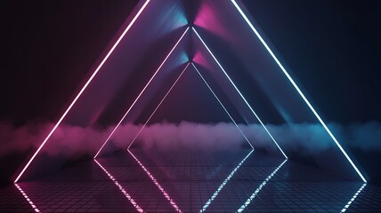 Triangular tunnel with pink and blue neon lights and smoke