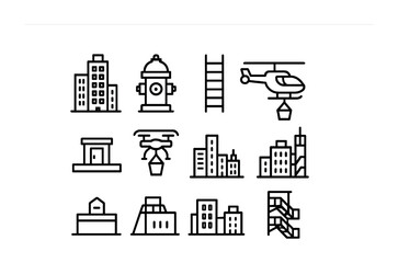 Urban Firefighting Icons. Outline icon set of urban firefighting: skyscraper, hydrant, ladder, helicopter,