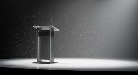 Modern lectern under soft spotlight on bright stage; corporate event visual with copy space for conference branding, summits and product announcements