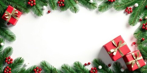 Festive gift boxes & spruce border, white background , background, holiday season, bow