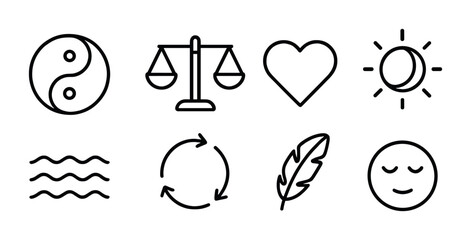 Emotional Balance Icons. Outline icon set of emotional balance: yin-yang, scale, heart, sun and moon, water