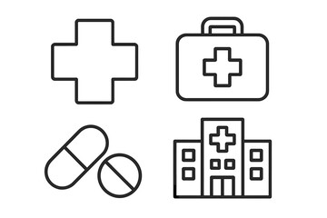 Fototapeta premium Medical cross, suitcase, pills, hospital building, treatment outline icons collection, editable stroke vector graphics for healthcare, medical infographics, articles, books, flyers, and banners