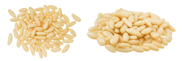 Shelled European pine nuts isolated on white background with full depth of field. Top view. Flat lay