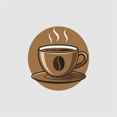 Stylized illustration of a steaming cup of coffee with a coffee bean design on the cup, set against a brown circular background.