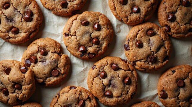 Abstract freshly baked chocolate chip cookies arranged on a mauve surface