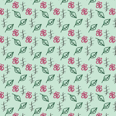 Minimalist abstract botanical seamless pattern on pastel mint green background — for fashion apparel, decorative wrapping paper, home textile, and decorative interior surfaces — non-food-contact