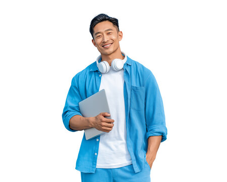  a handsome young asian man smiling, holding a laptop and wearing headphones